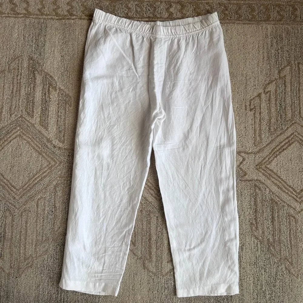 Wide Leg Pull On Tie Waste Linen Pants Pockets Lightweight Capsule White Women M